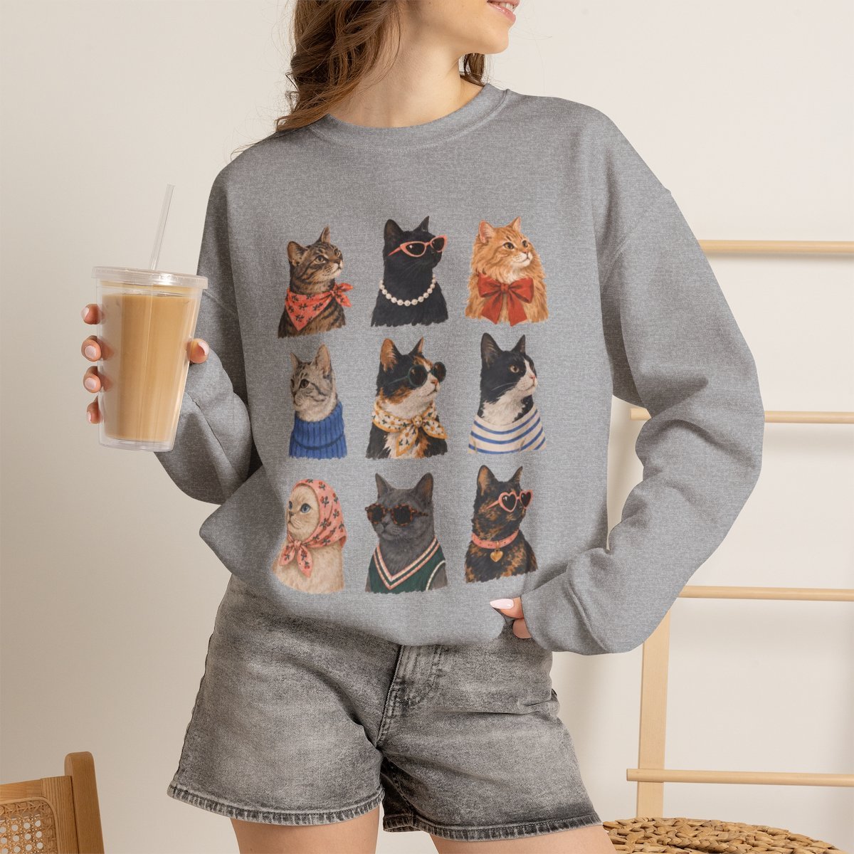 jgolhv.jpg Cute Retro Cat Lover Unisex Crewneck Sweatshirt Cozy Autumn Gift Sport Grey