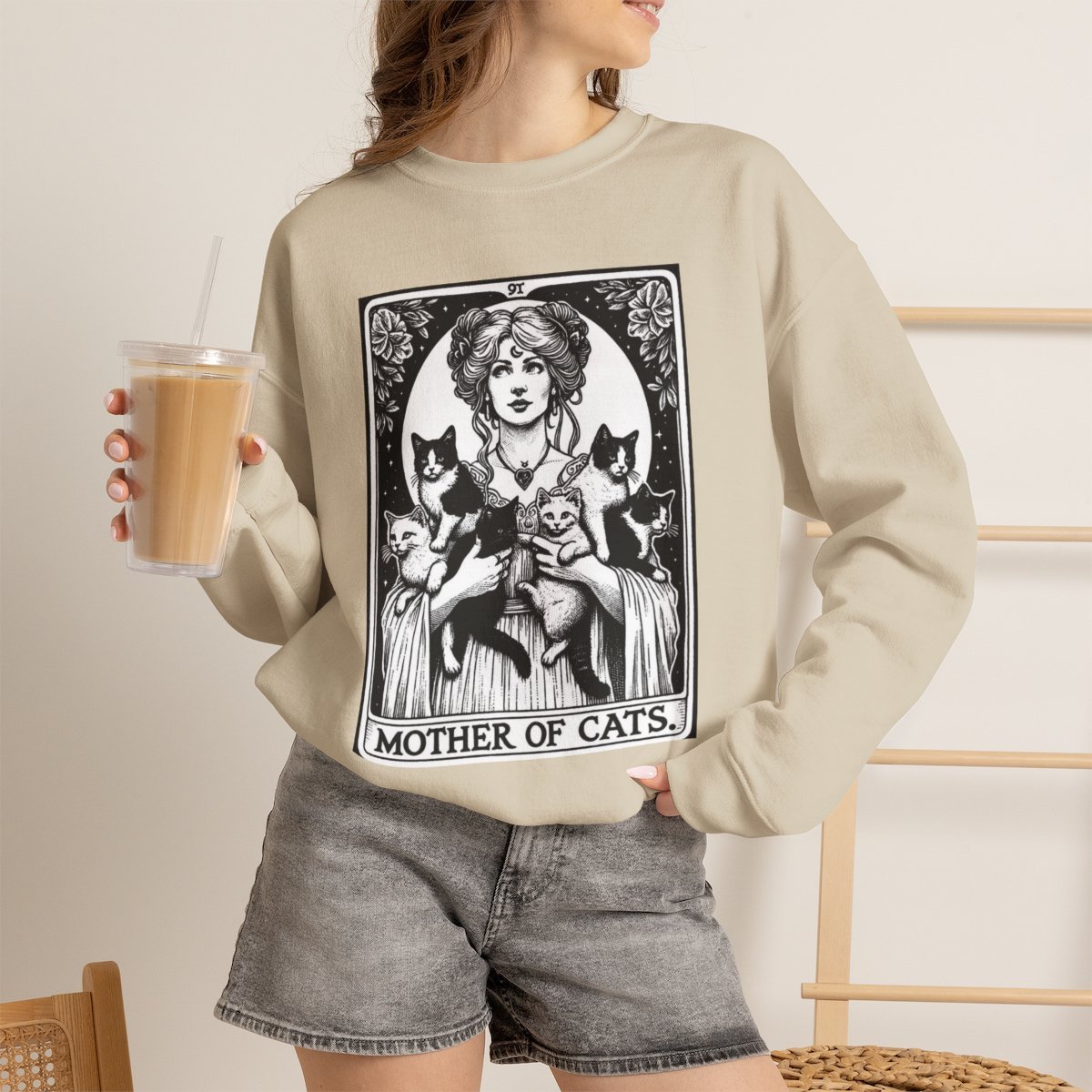 Unisex Mother of Cats Vintage Tarot Style Graphic Sweatshirt for Cat Lovers Sand