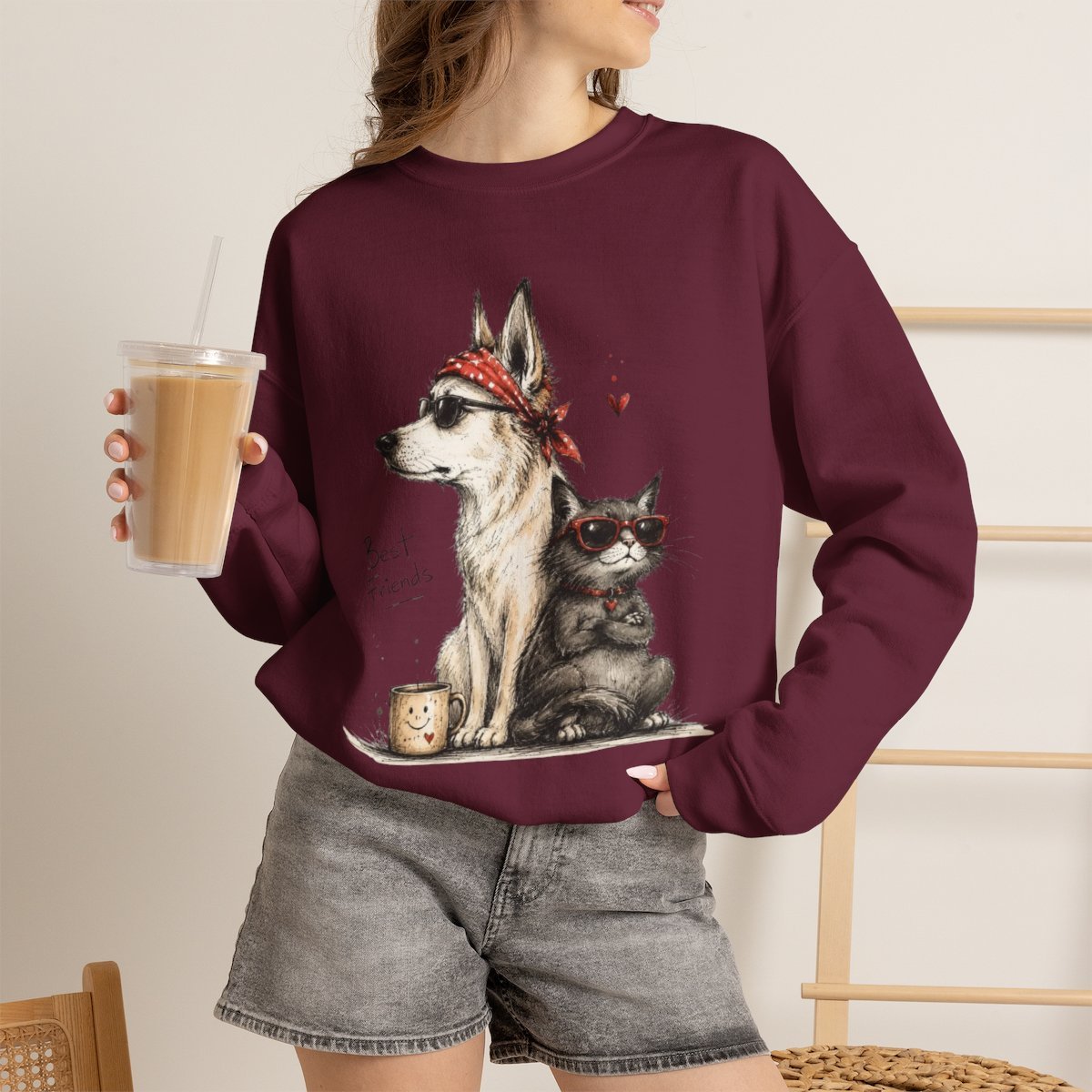 Unisex Cool Dog and Cat Best Friends Graphic Sweatshirt - Cute Pet Lover Gift Maroon