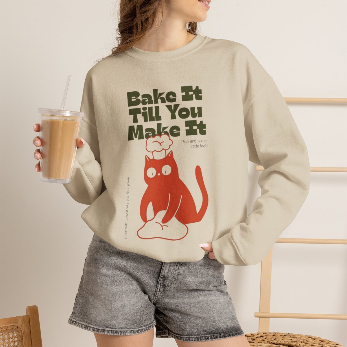 Unisex Bake It Till You Make It Cat Sweatshirt | Cute Baker Crewneck Gift Sand