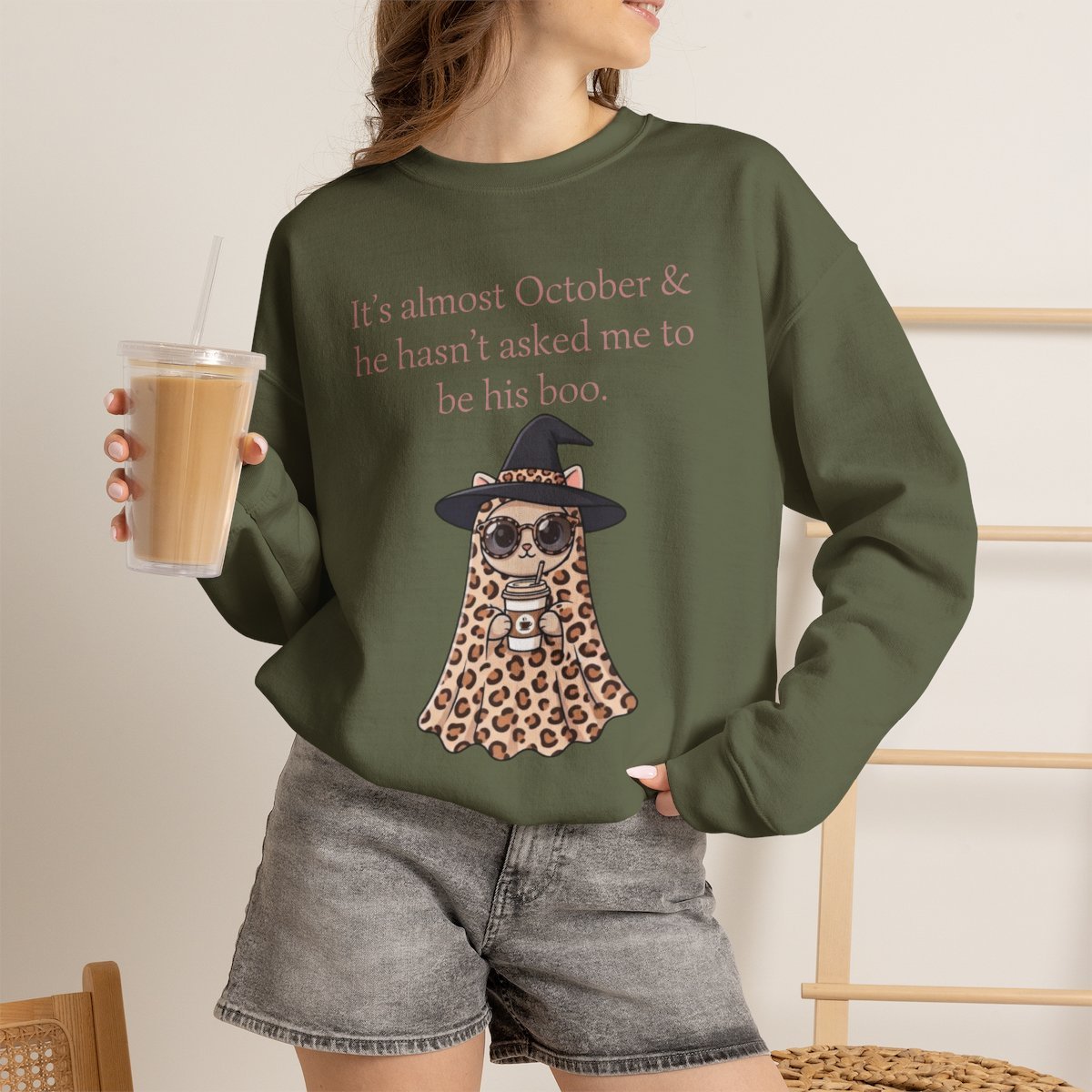 Cute Leopard Ghost Cat Halloween Unisex Sweatshirt | Funny October Fall Crewneck Military Green