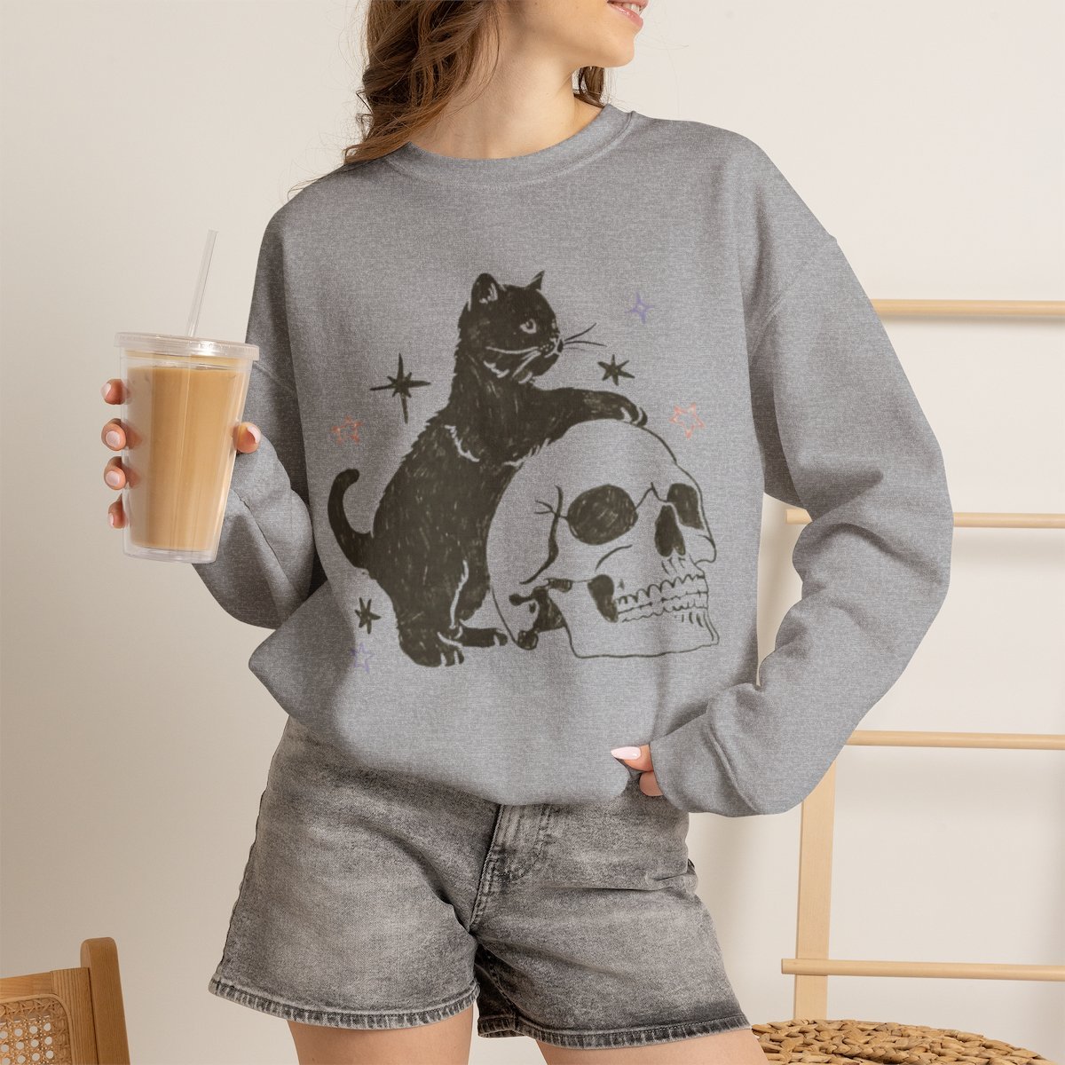Spooky Black Cat and Skull Graphic Unisex Sweatshirt Sport Grey