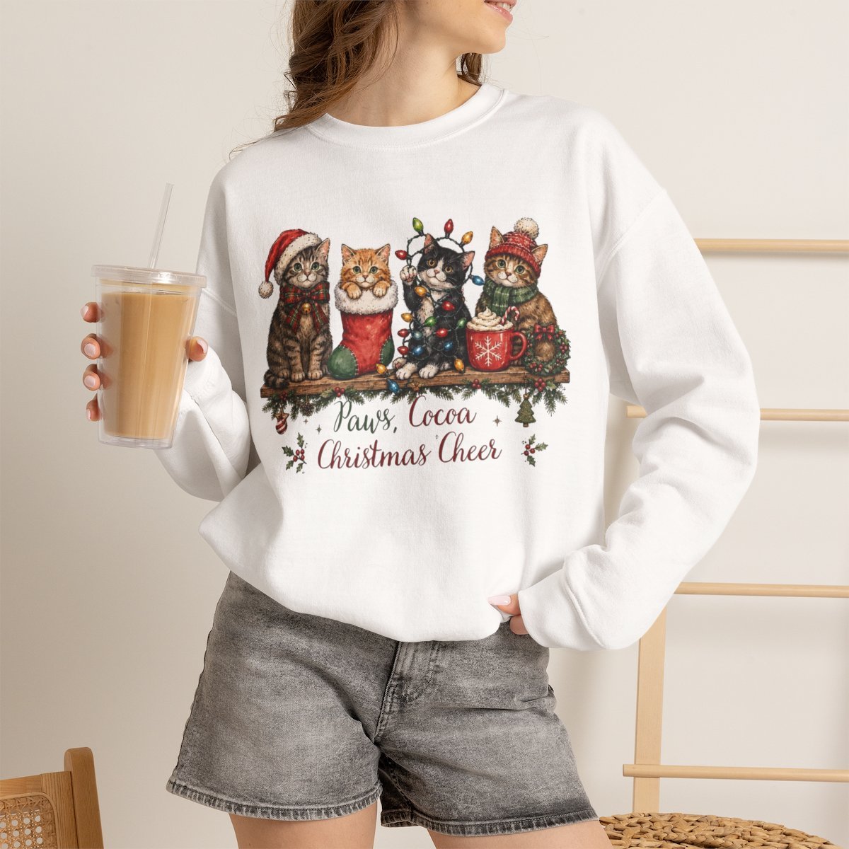 jzphmm.jpg Cozy Christmas Cat Unisex Sweatshirt | Cute Holiday Gift for Cat Lovers White