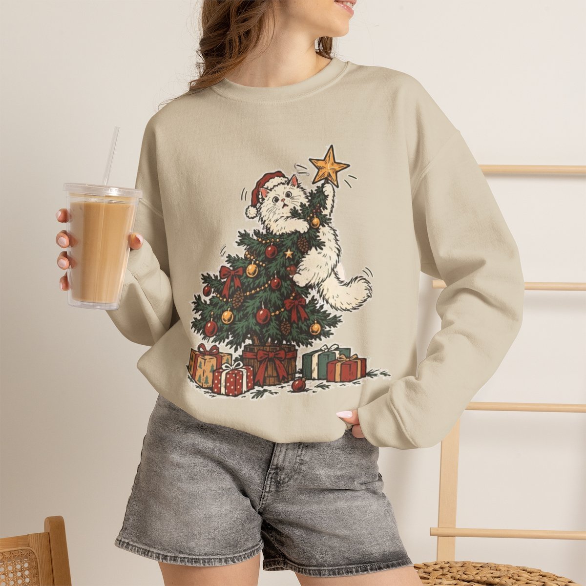 Cute Cat Christmas Tree Unisex Sweatshirt | Holiday Gift Idea for Cat Lovers Sand