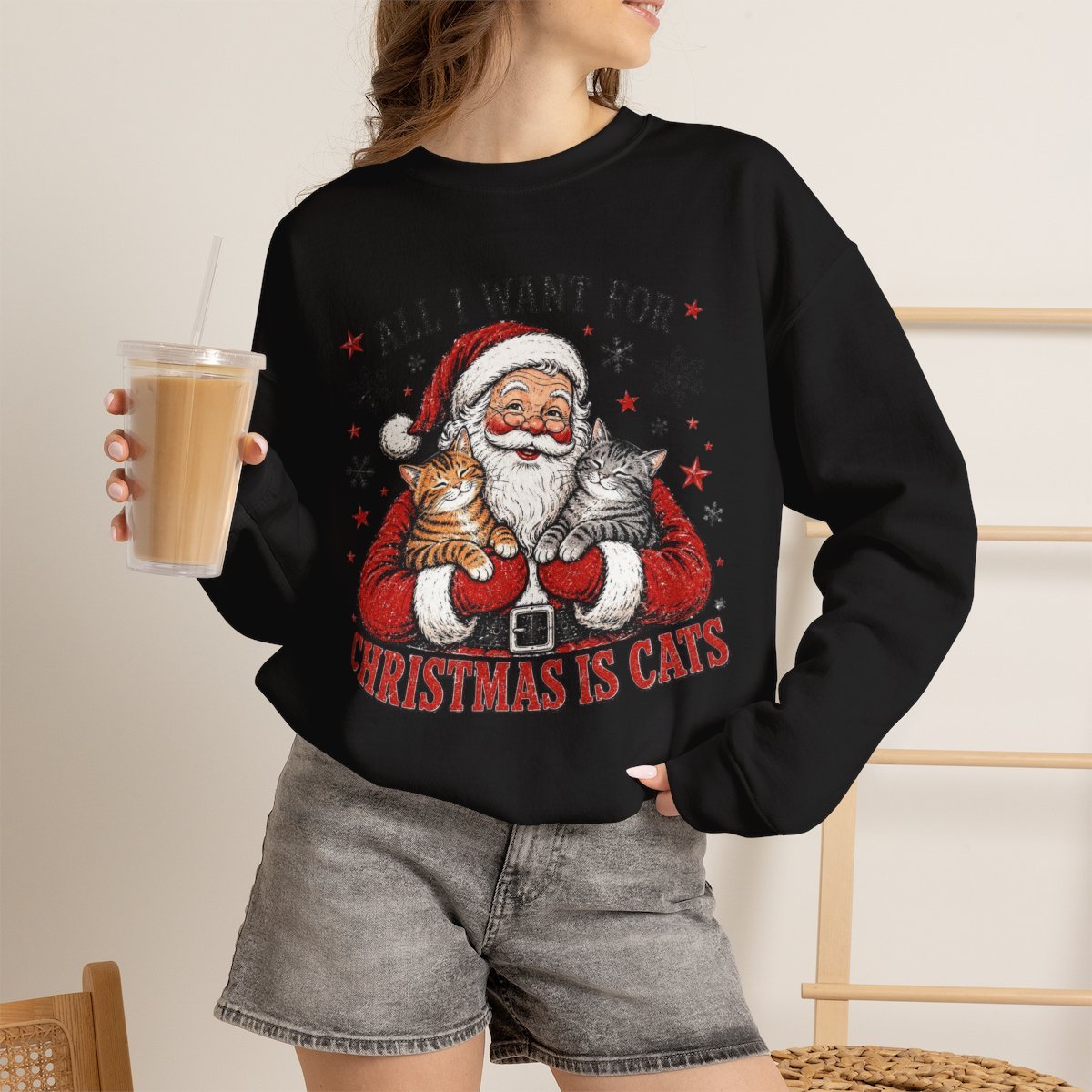 All I Want For Christmas Is Cats Unisex Sweatshirt | Cute Cat Lover Holiday Gift Black