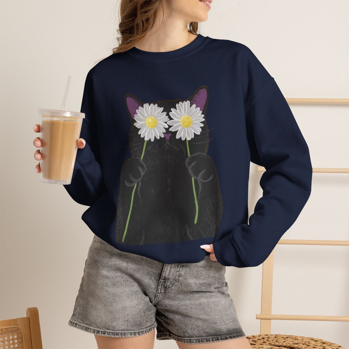 Daisy Black Cat Unisex Sweatshirt - Cute Floral Pet Lover Gift Navy