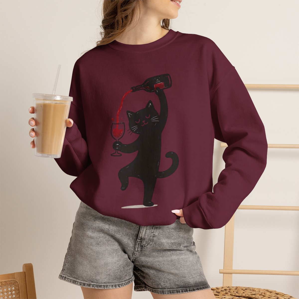 Cute Black Cat Pouring Wine Unisex Sweatshirt - Funny Wine Lover Gift Idea Maroon