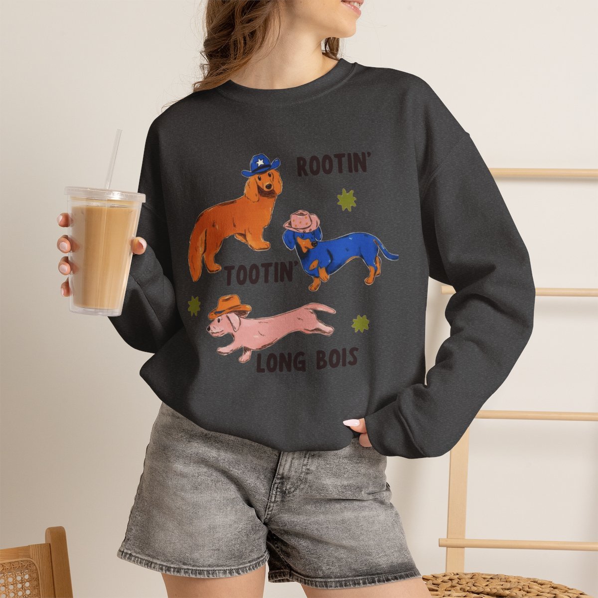 Unisex Cute Dachshund Cowboy Sweatshirt | Rootin Tootin Long Bois Dark Heather