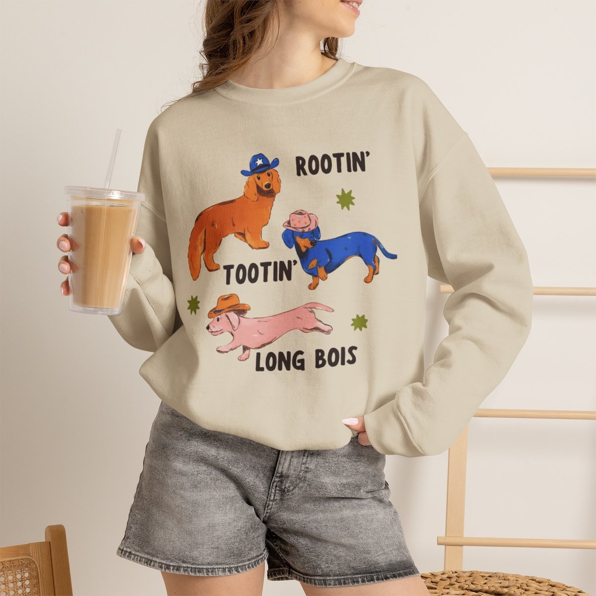 Unisex Cute Dachshund Cowboy Sweatshirt | Rootin Tootin Long Bois Sand