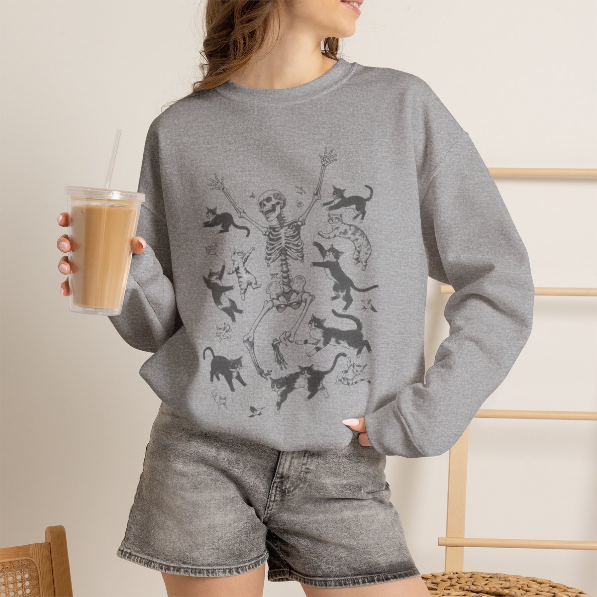 kku4v2.jpg Spooky Cat Skeleton Unisex Sweatshirt | Cute Halloween Cat Lover Apparel Sport Grey