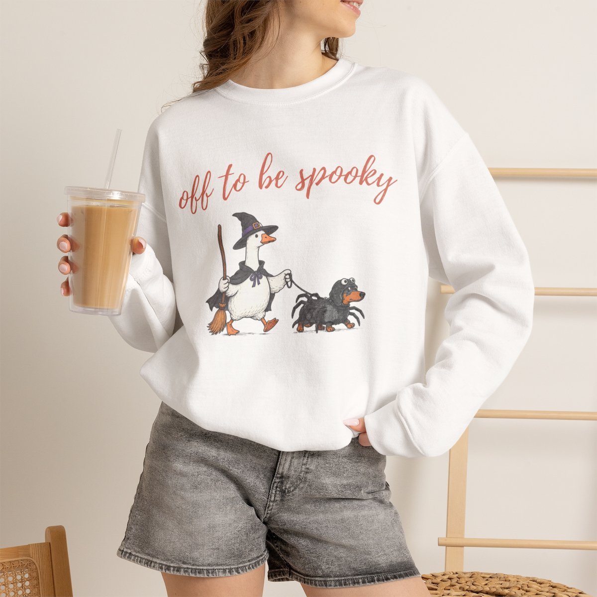 kltadk.jpg Cute Witch Goose & Spider Dachshund Halloween Unisex Crewneck Sweatshirt White