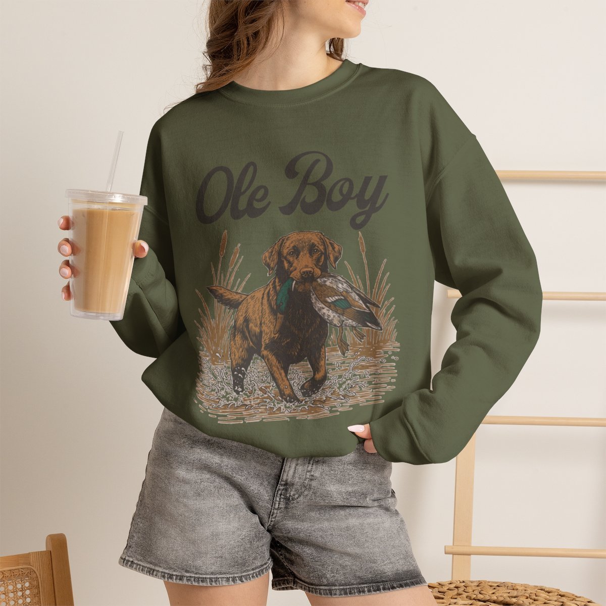 Unisex Vintage Retriever Duck Hunting Sweatshirt for Dog Lovers Military Green