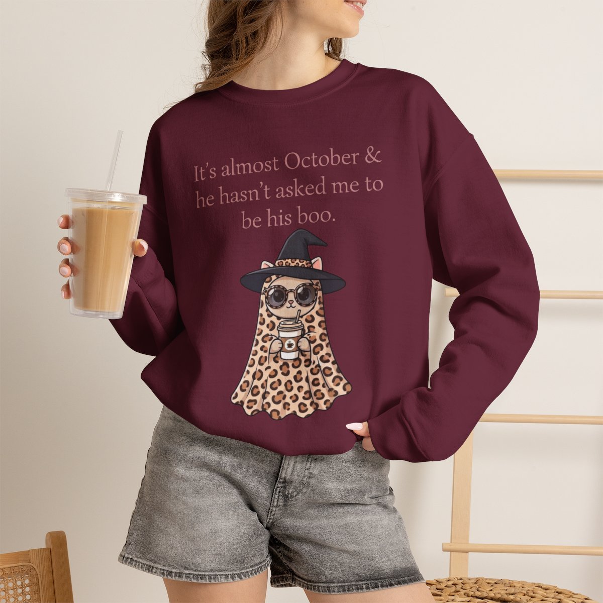Cute Leopard Ghost Cat Halloween Unisex Sweatshirt | Funny October Fall Crewneck Maroon