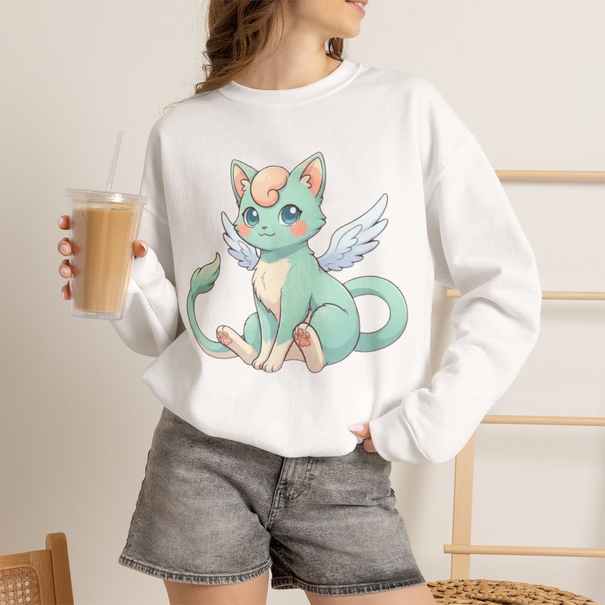 ksdh16.jpg Unisex Cute Fantasy Winged Cat Sweatshirt for Pet Lovers White