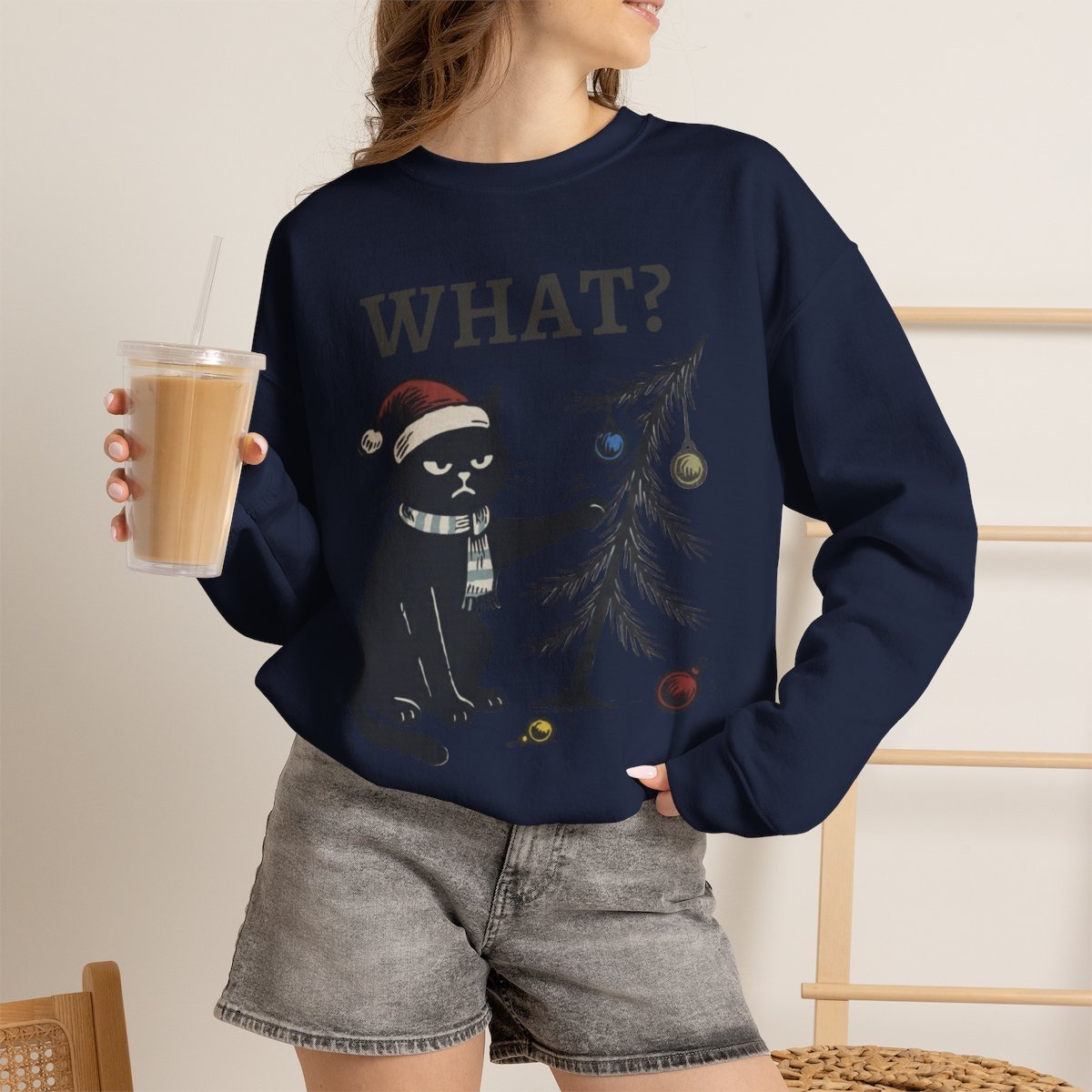 Unisex Funny Black Cat Christmas Sweatshirt | Cute Holiday Gift for Cat Lovers Navy