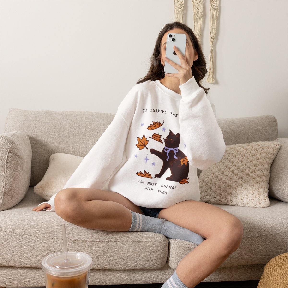 Cozy Black Cat Fall Season Unisex Sweatshirt | Autumn Apparel Gift Detail
