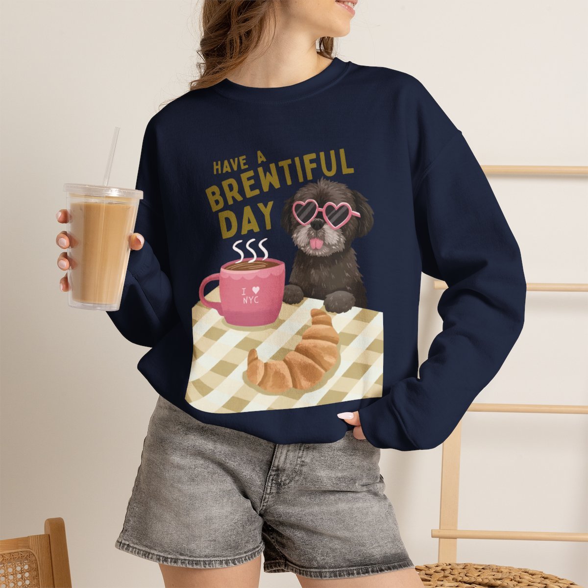 Cute Dog and Coffee Unisex Sweatshirt - Brewtiful Day Crewneck Navy