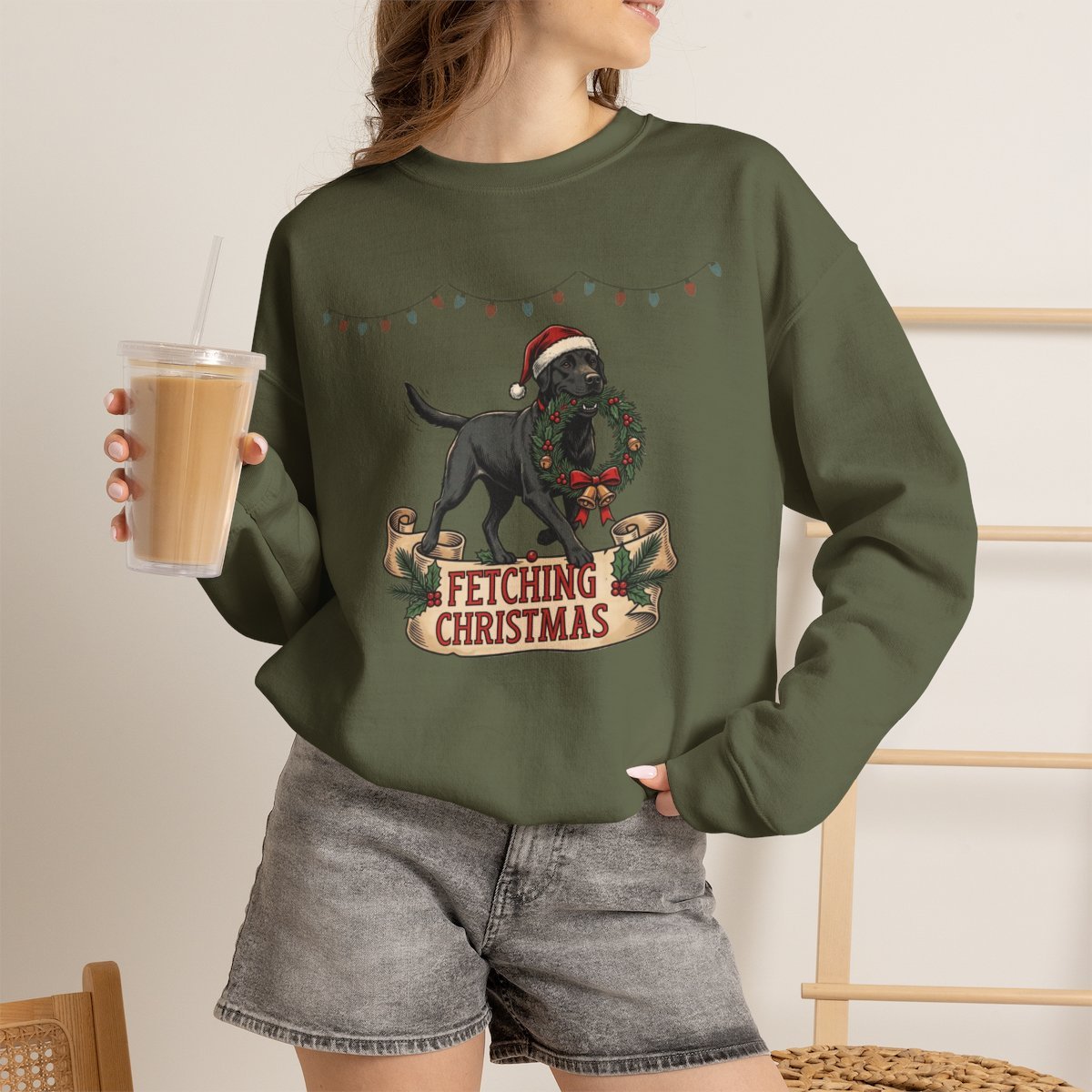 Unisex Festive Christmas Black Lab Holiday Sweatshirt for Dog Lovers Military Green
