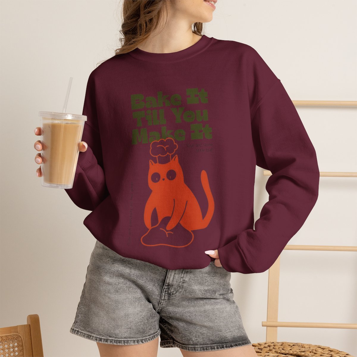 Unisex Bake It Till You Make It Cat Sweatshirt | Cute Baker Crewneck Gift Maroon