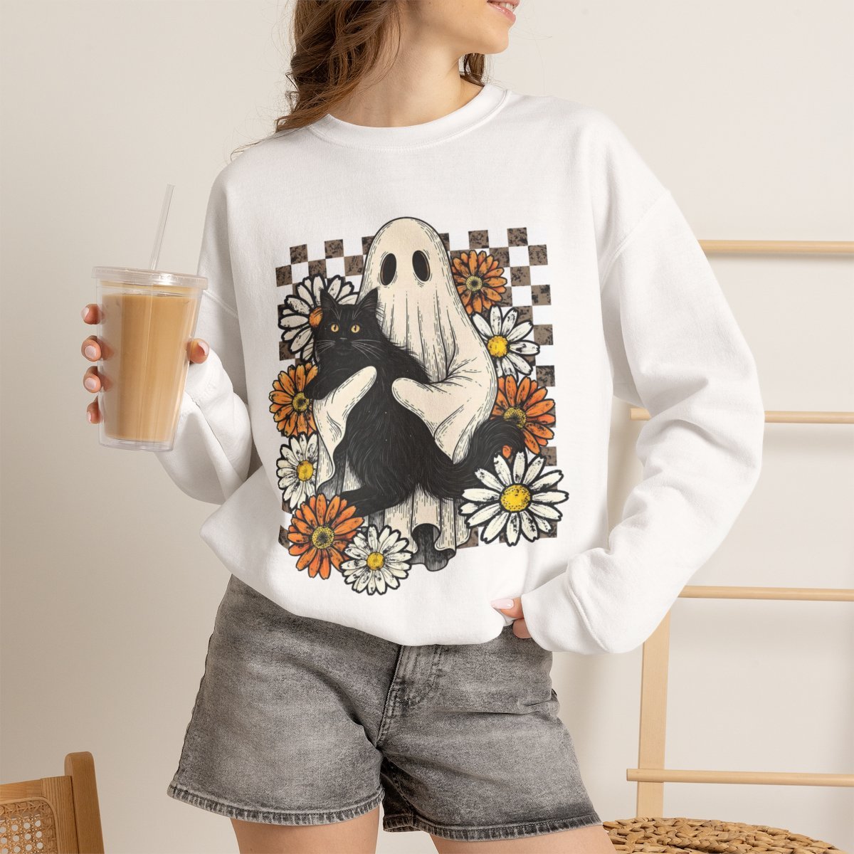 Cute Ghost and Black Cat Retro Halloween Unisex Sweatshirt White