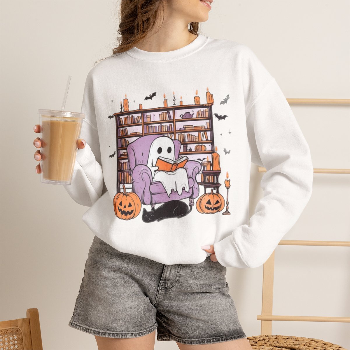 Unisex Cozy Ghost Reading Sweatshirt | Spooky Bookish Halloween Graphic Pullover White
