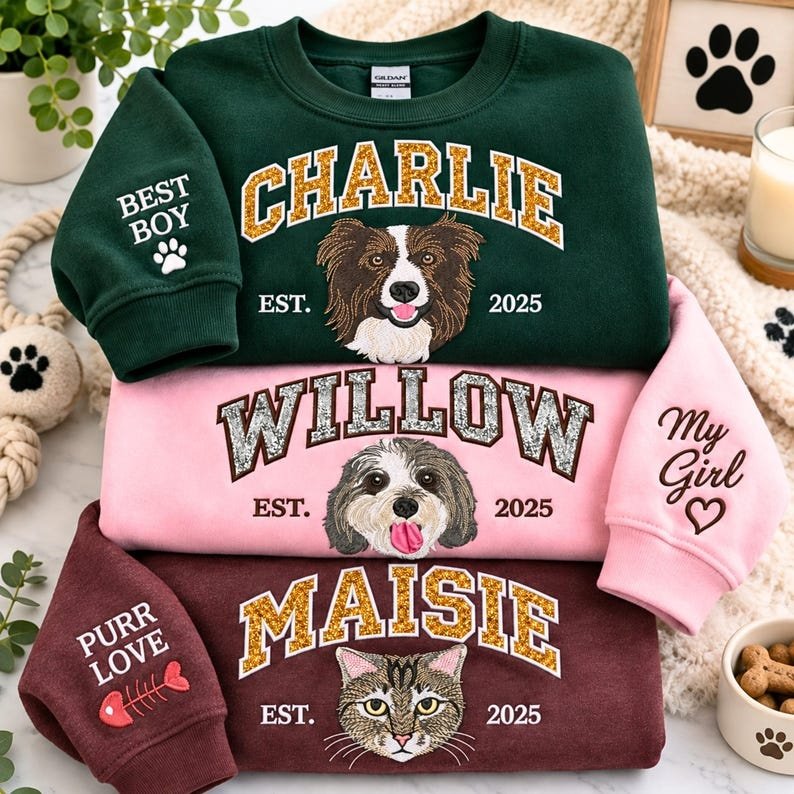 Unisex Custom Pet Portrait Embroidered Sweatshirt - Glitter Varsity Pet Name Crewneck - Dog Lover Crewneck - Applique Apparel, Pet Photo Gifts Sport Grey