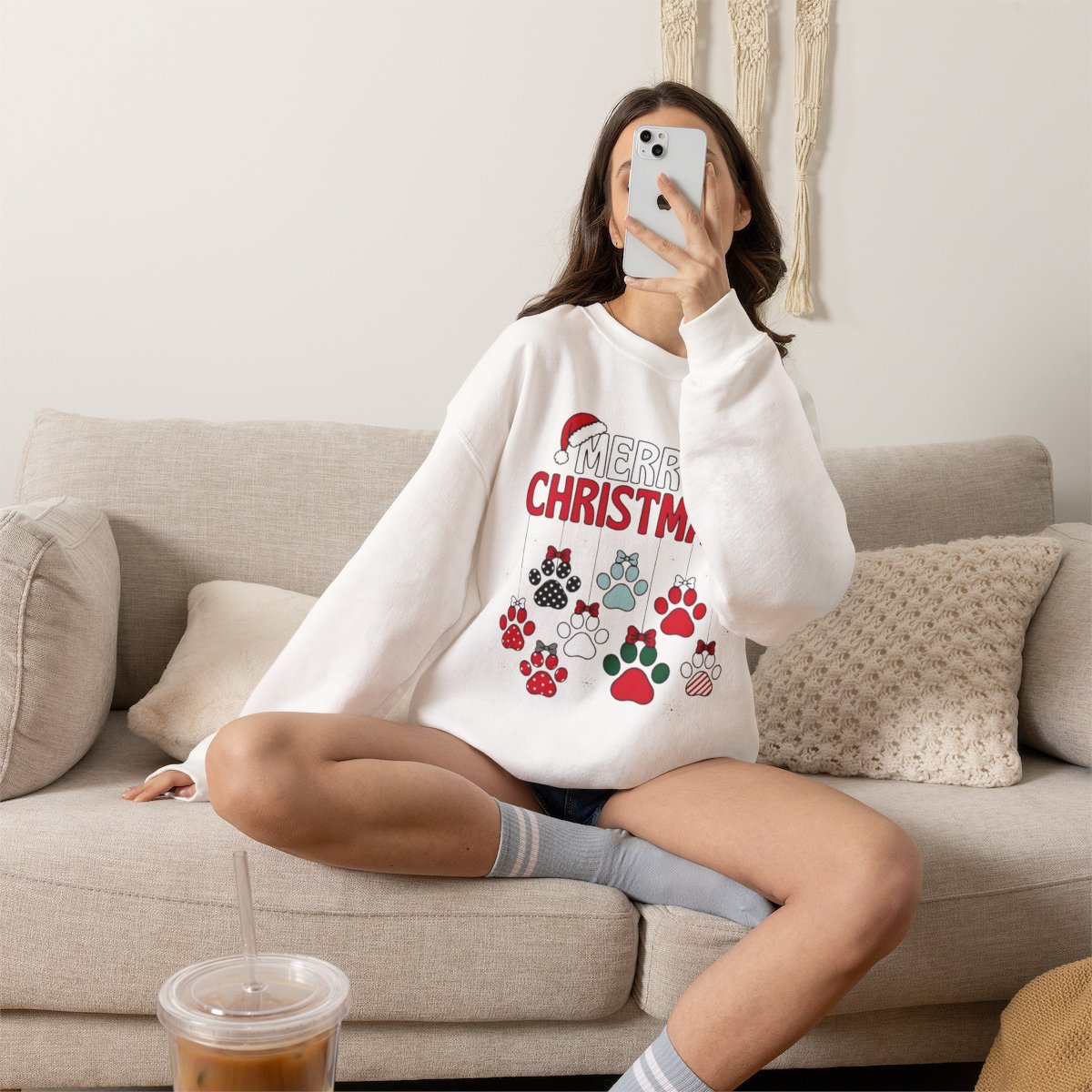 Unisex Cozy Merry Christmas Paw Print Sweatshirt for Dog Lovers Detail