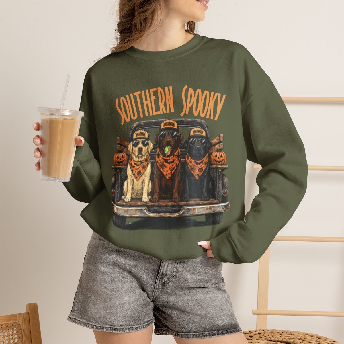 Unisex Southern Spooky Labrador Halloween Sweatshirt for Dog Lovers Military Green
