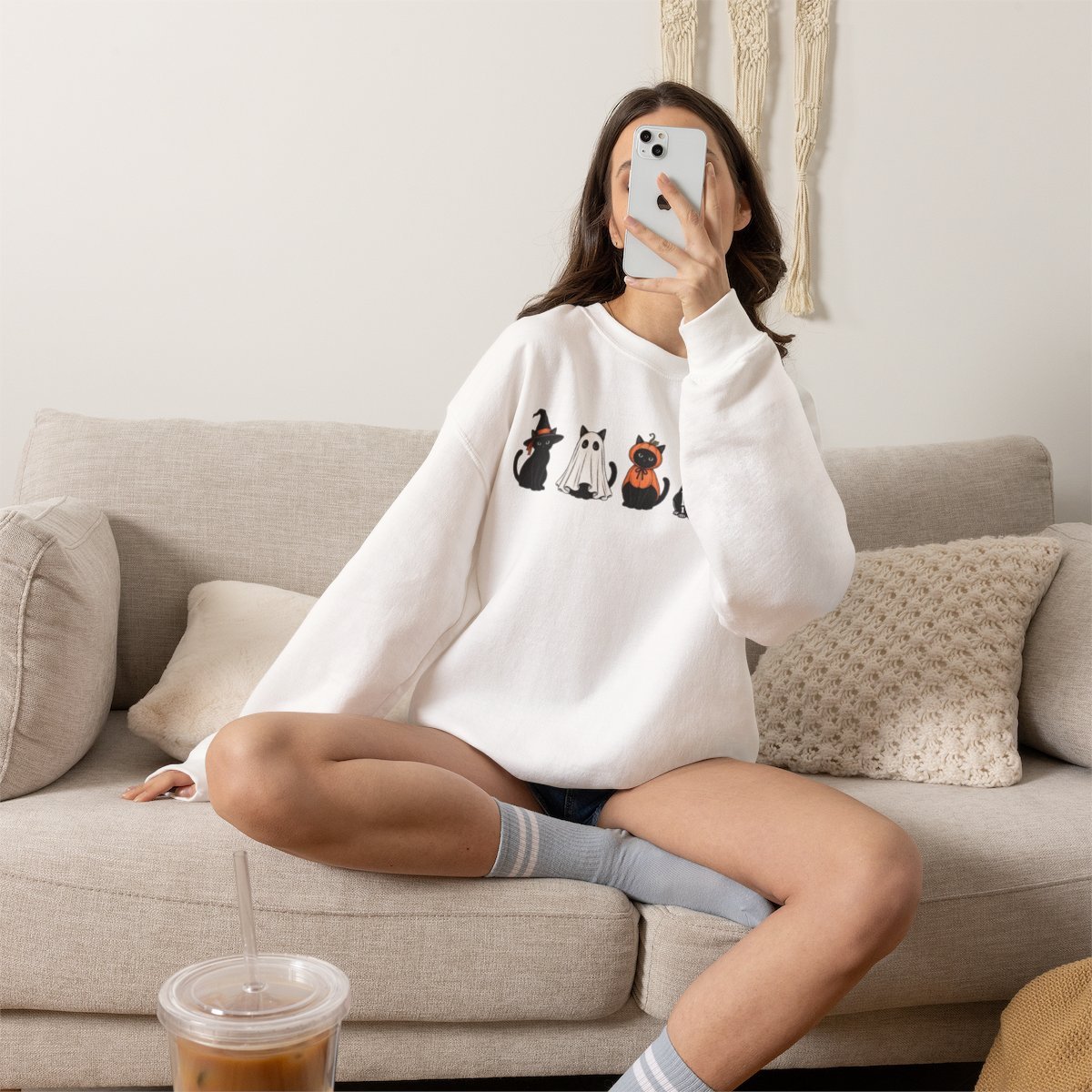 Unisex Cute Halloween Black Cat Costume Sweatshirt | Cozy Spooky Season Crewneck Detail