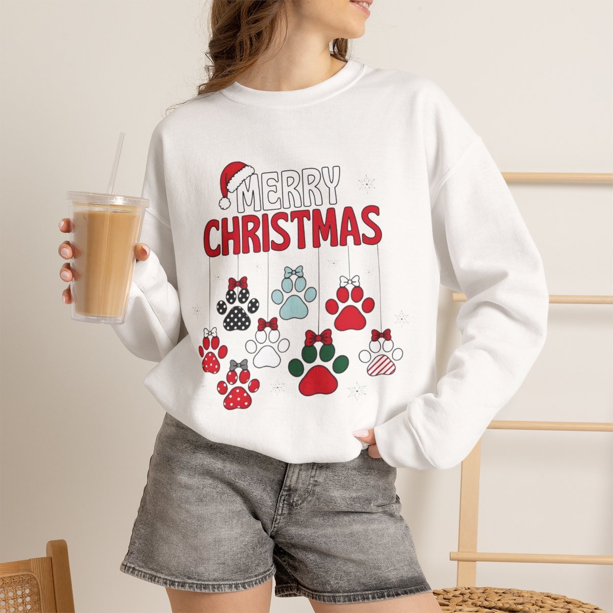 Unisex Cozy Merry Christmas Paw Print Sweatshirt for Dog Lovers White