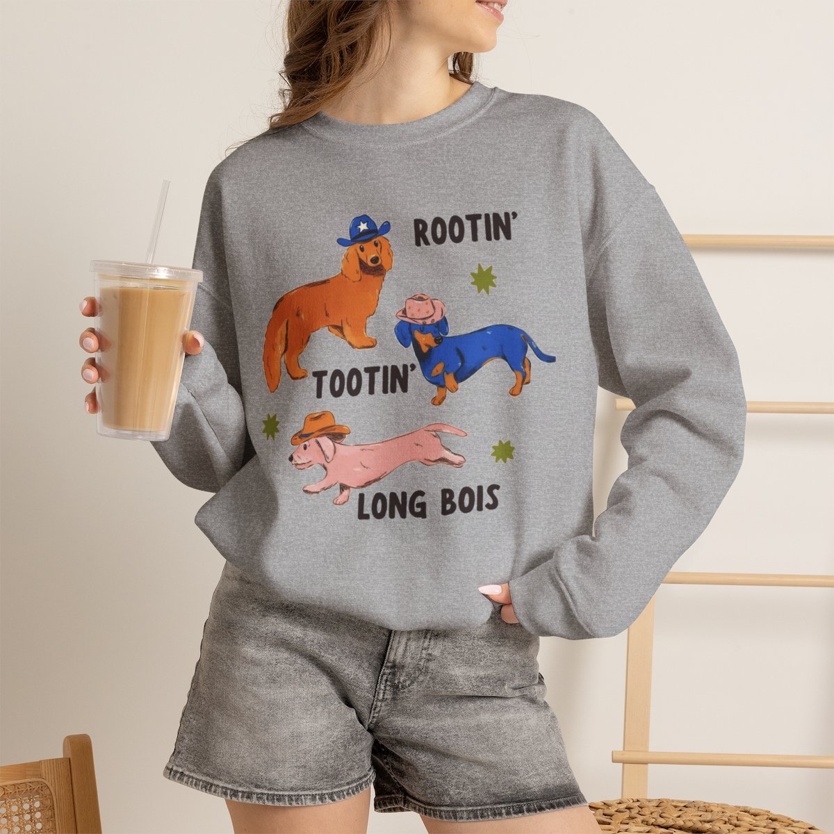 Unisex Cute Dachshund Cowboy Sweatshirt | Rootin Tootin Long Bois Sport Grey