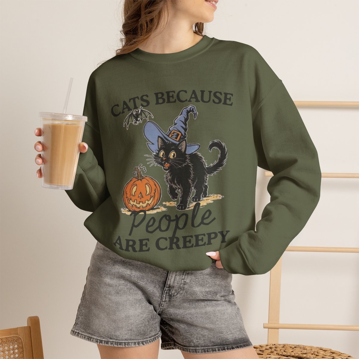 Unisex Cute Black Cat Witch Halloween Sweatshirt For Cat Lovers Military Green