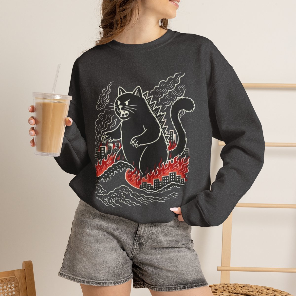 Unisex Catzilla Black Cat Graphic Sweatshirt | Cute Monster Cat Lover Gift Dark Heather
