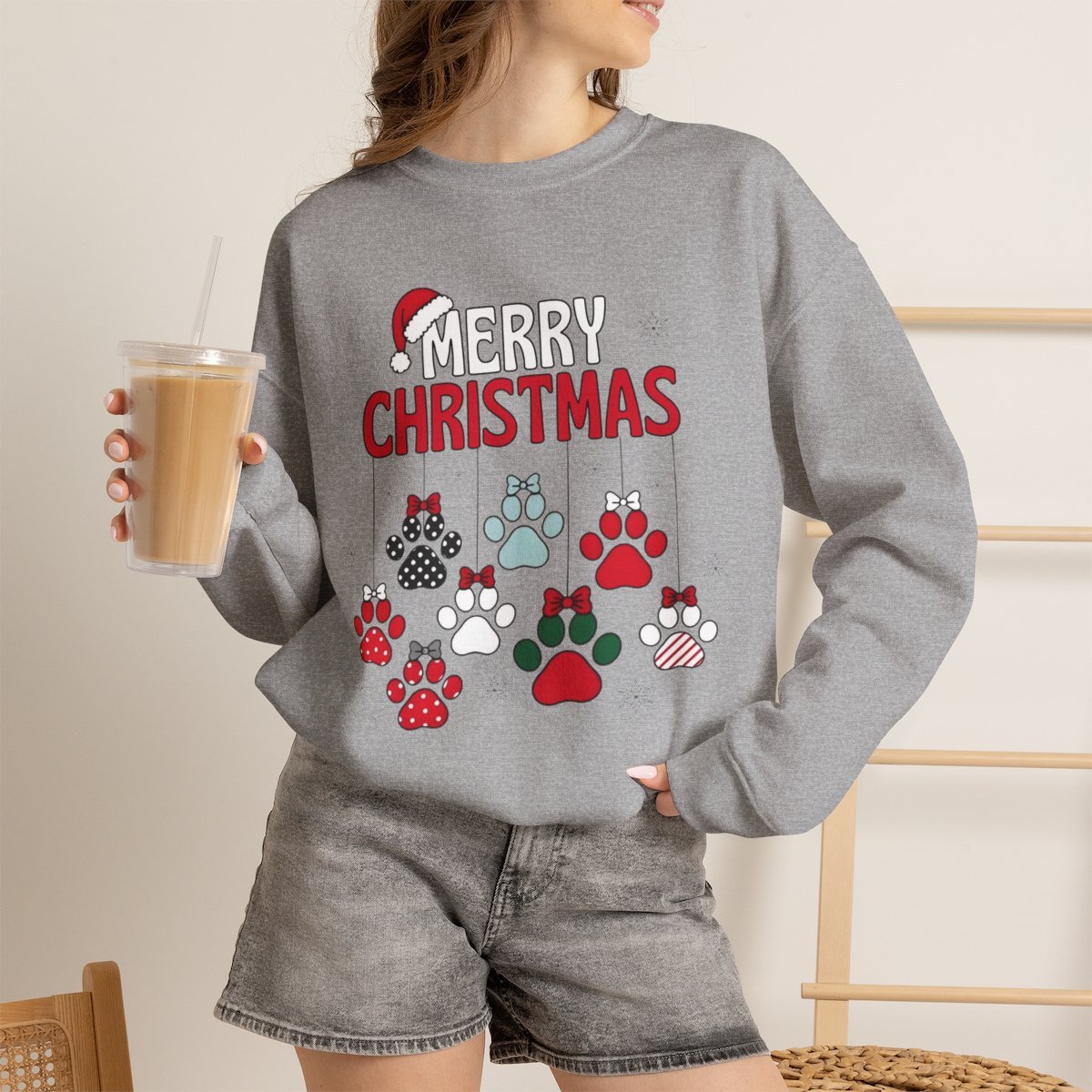 Unisex Cozy Merry Christmas Paw Print Sweatshirt for Dog Lovers Sport Grey