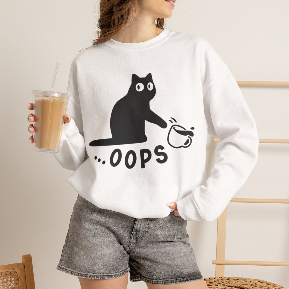 lu7hhx.jpg Funny Black Cat Knocking Over Coffee Cup Unisex Sweatshirt | Cat Lover Gift White