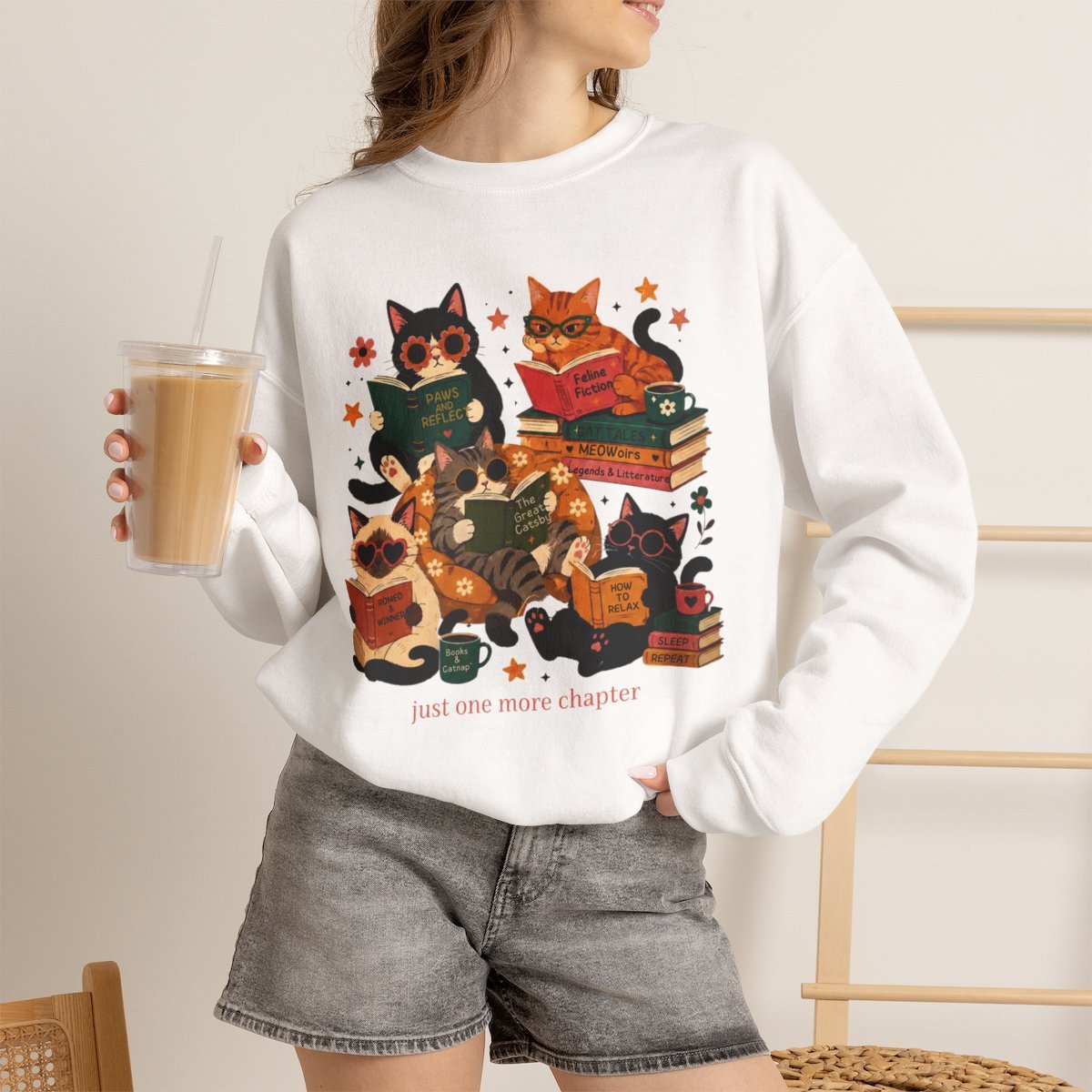 Unisex Cozy Cat Book Club Sweatshirt - Cute Feline Reading Pullover Gift White