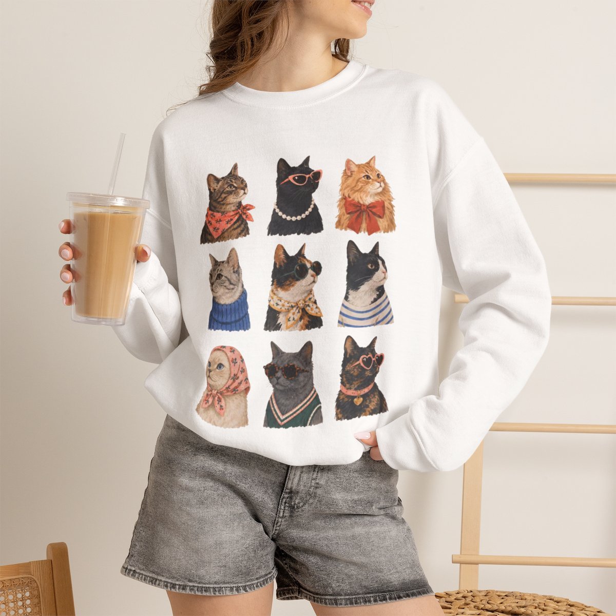 Cute Retro Cat Lover Unisex Crewneck Sweatshirt Cozy Autumn Gift White