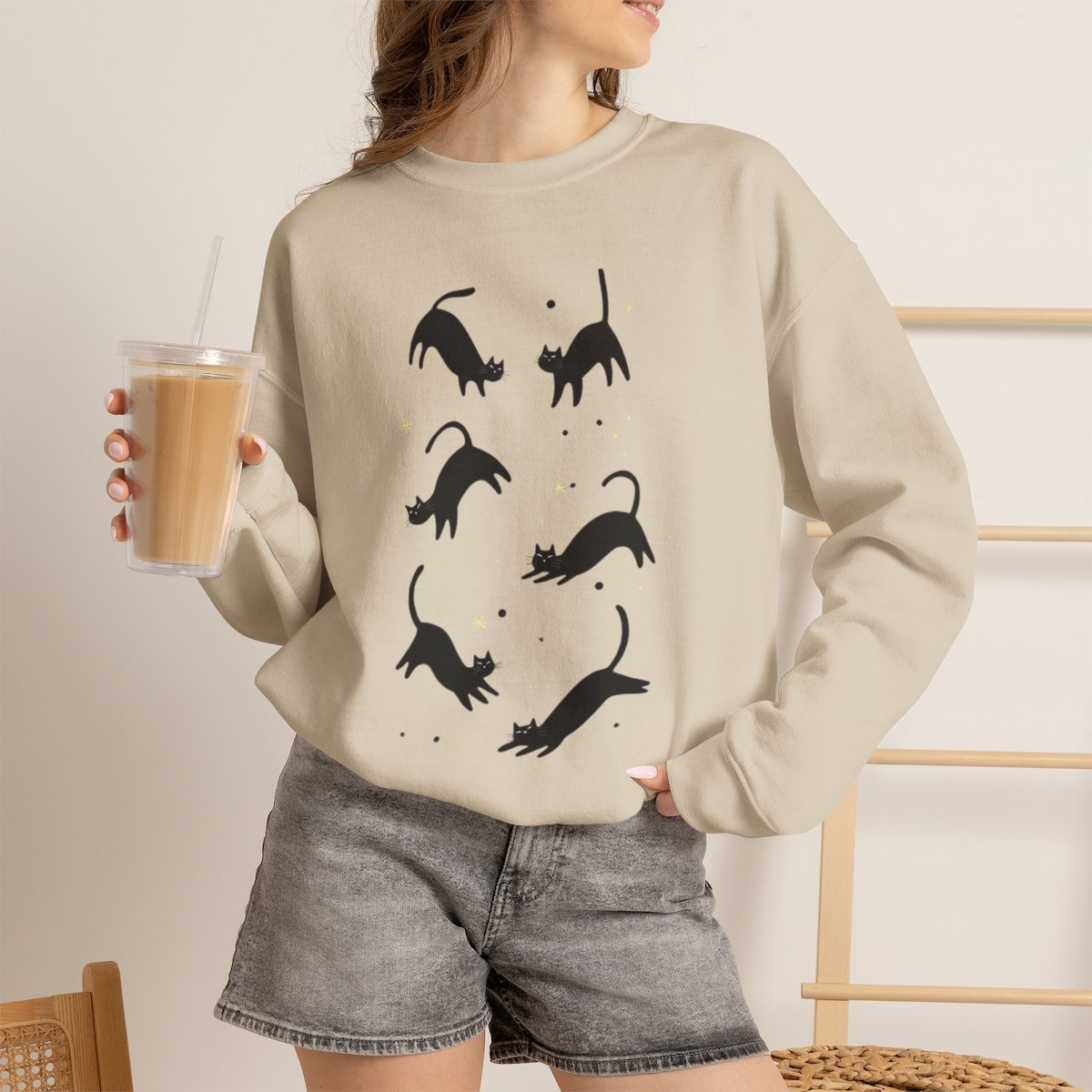 Unisex Cute Black Cat Sweatshirt for Cat Lovers and Pet Parents Sand
