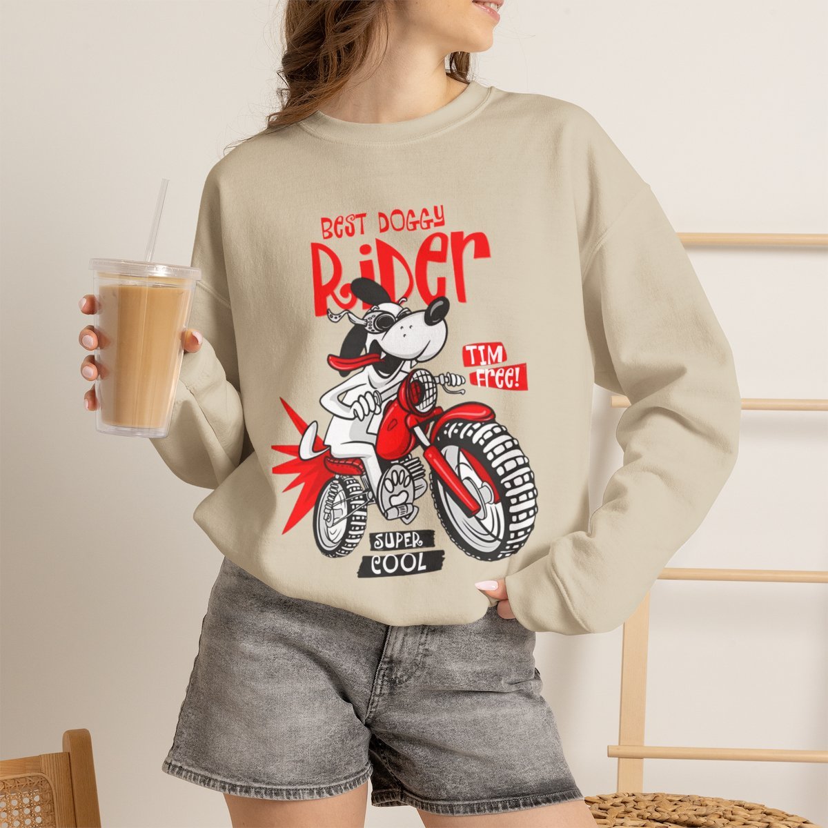 Cool Biker Dog Unisex Sweatshirt | Retro Graphic Dog Lover Gift Sand