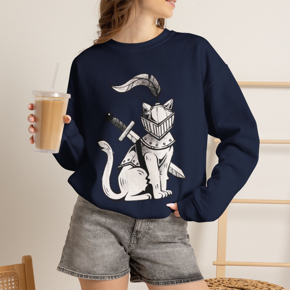 Unisex Medieval Knight Cat Sweatshirt - Cute Pet Lover Gift & Aesthetic Crewneck Navy