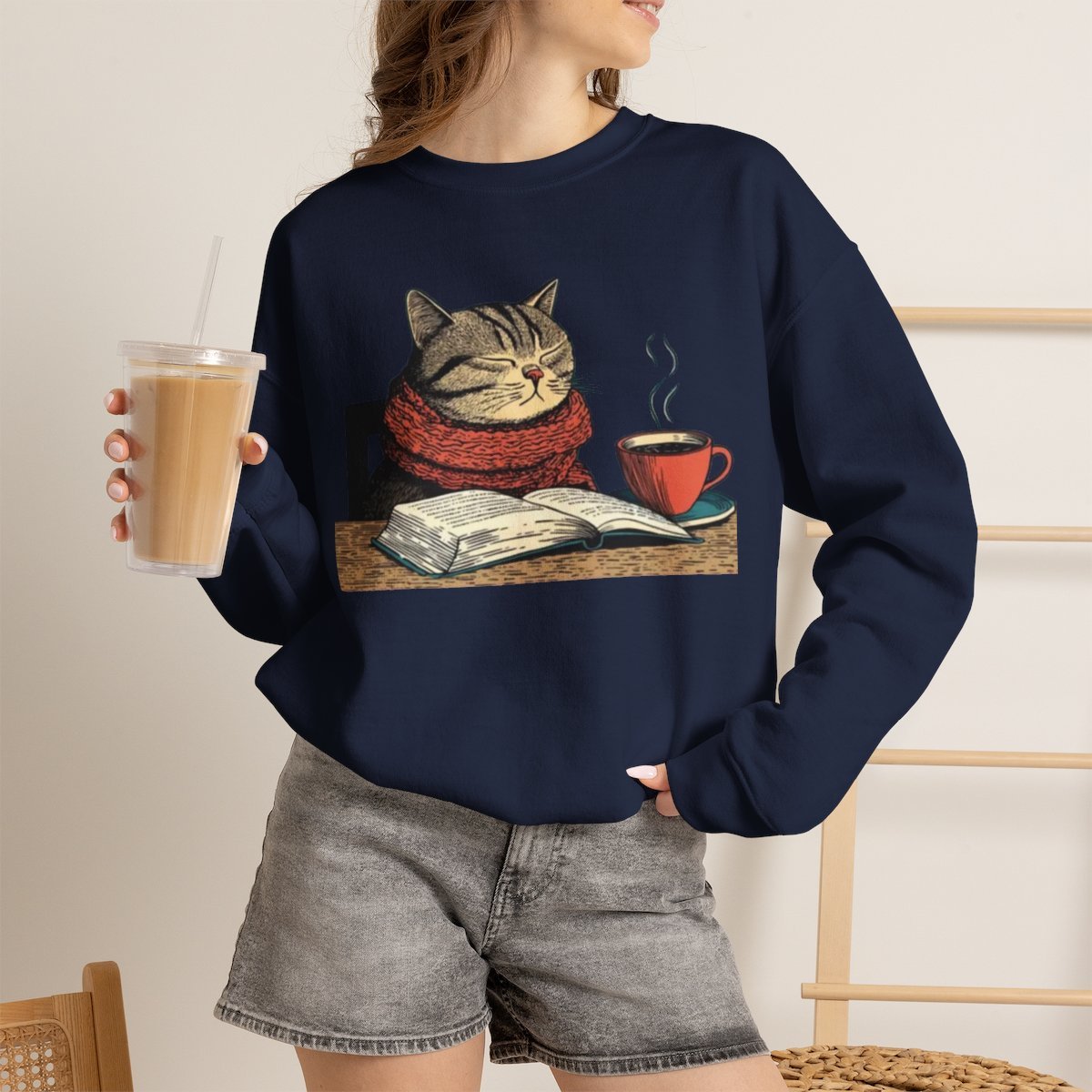 Unisex Cozy Cat Reading Book Sweatshirt | Cute Gift for Bookworms and Cat Lovers Navy