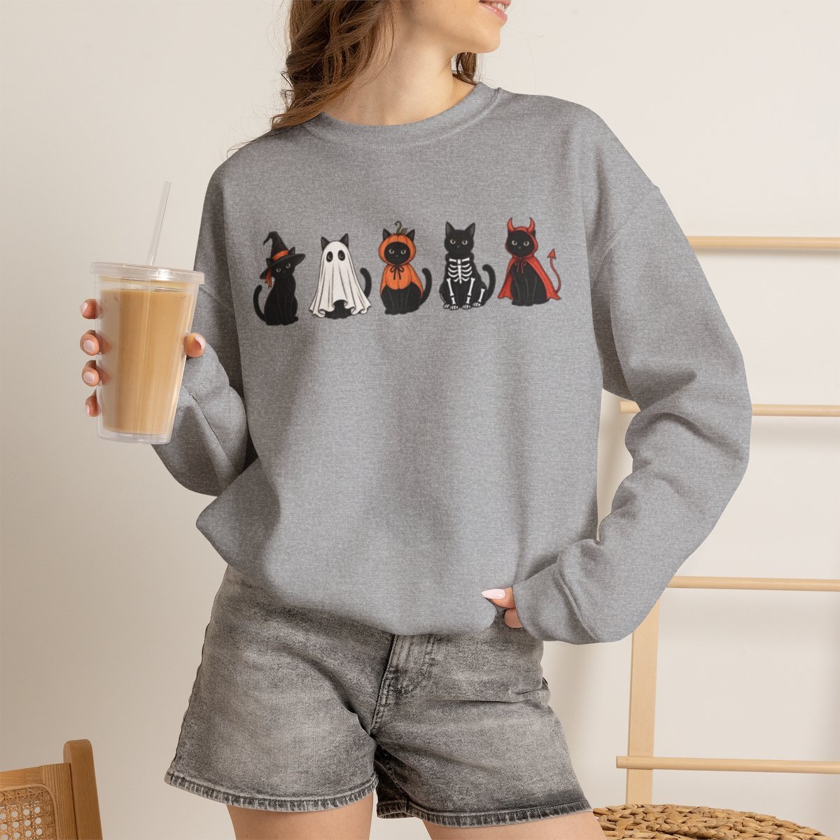 Unisex Cute Halloween Black Cat Costume Sweatshirt | Cozy Spooky Season Crewneck Sport Grey