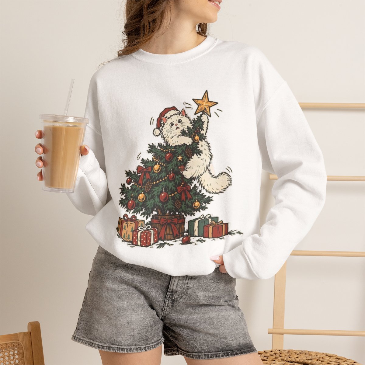 me0pvu.jpg Cute Cat Christmas Tree Unisex Sweatshirt | Holiday Gift Idea for Cat Lovers White