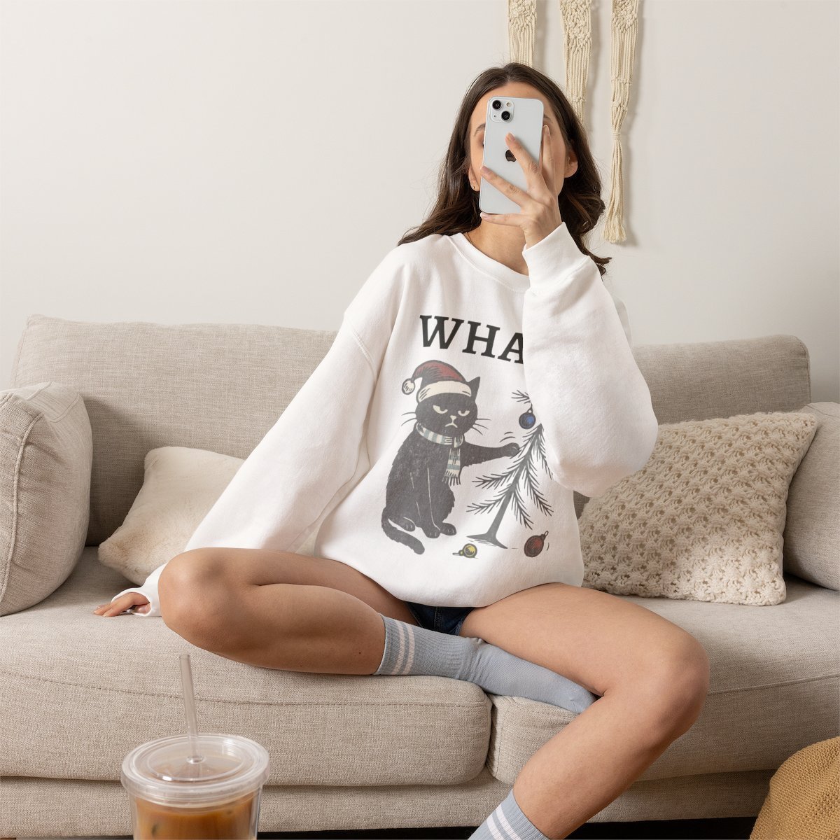 Unisex Funny Black Cat Christmas Sweatshirt | Cute Holiday Gift for Cat Lovers Detail