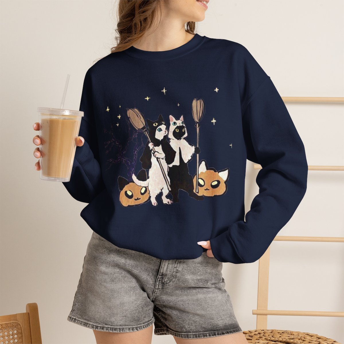 Unisex Cute Witch Cat Halloween Sweatshirt | Spooky Pet Lover Gift Navy