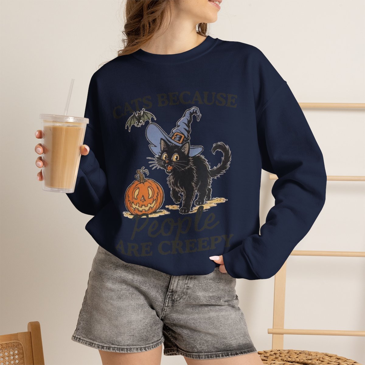 Unisex Cute Black Cat Witch Halloween Sweatshirt For Cat Lovers Navy