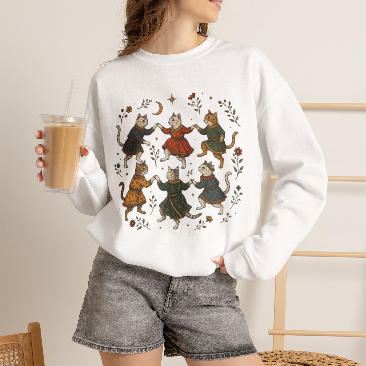 mm4wg4.jpg Unisex Cozy Dancing Cats Graphic Sweatshirt for Cat Lovers White