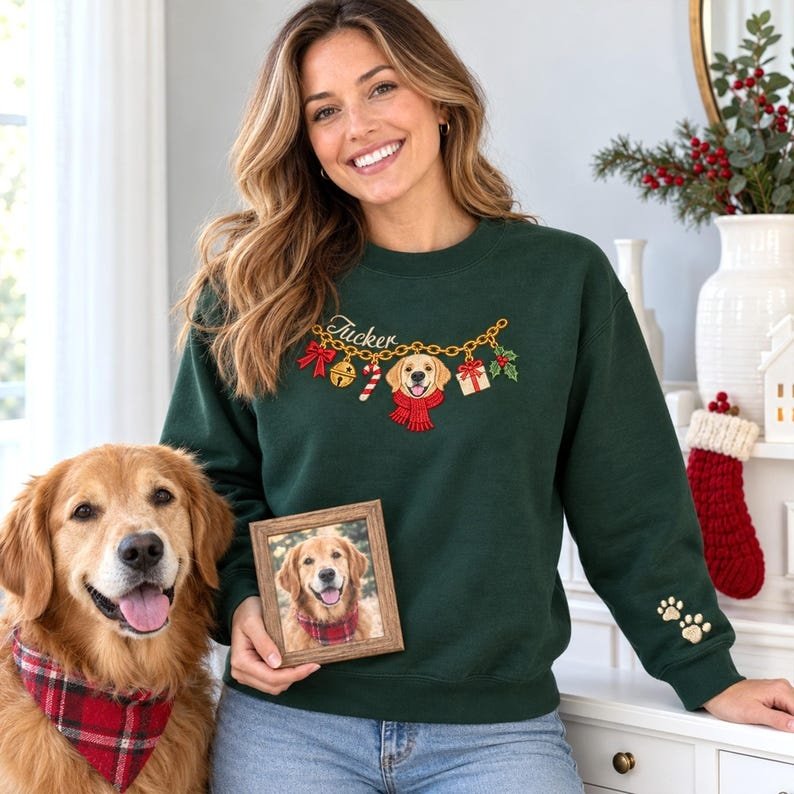 Unisex Custom Pet Christmas Sweatshirt, Embroidered Dog or Cat Portrait Charm Necklace Shirt, Personalized Pet Name Shirt, Holiday Pet Lover Gift Maroon
