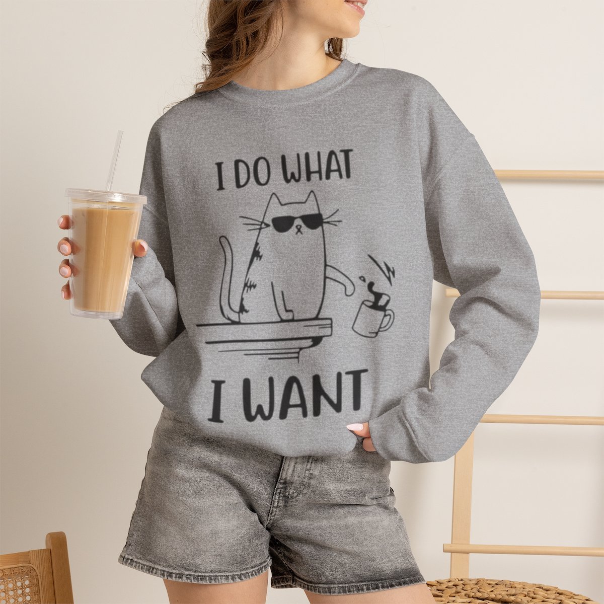 Unisex Funny Cat Sweatshirt | I Do What I Want Cool Feline Apparel Sport Grey