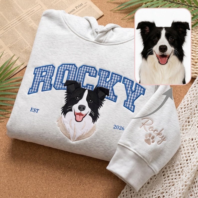 Unisex Custom Pet Portrait Embroidered Sweatshirt, Personalized Pet Photo Crewneck, Gift for Pet Lovers, Pet Memorial Gift White